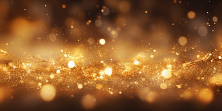 Gold particles and sequins for festive decoration, shiny gold lights with a black backgroundの素材