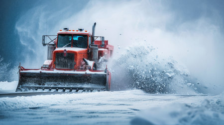 Snowplow truck clearing snowy road during blizzard. Winter service and safety conceptの素材