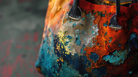Artistic handbag with colorful abstract design. Fashion and style concept. Design for fashion accessories promotion, creative product catalogの素材
