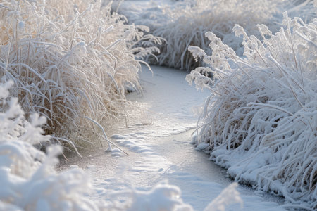 Frost-covered grass along a frozen creek in sunlight. Winter frost and nature conceptの素材