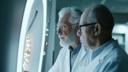 Two male scientists examining samples in a high-tech laboratory machine. Professional laboratory research concept. Design for educational, scientific, medical poster, bannerの素材