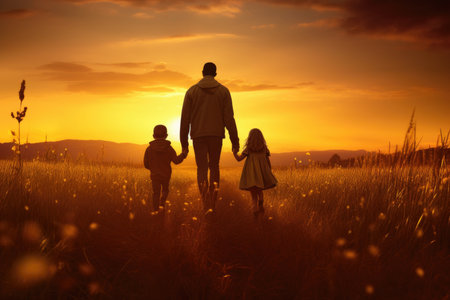 Silhouette of a man and two kids walking in a field at duskの素材