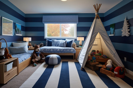 A cozy and stylish child's bedroom with a striped teepee and plush toysの素材