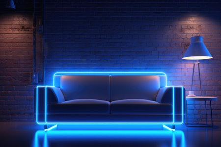 A contemporary sofa with neon blue lighting in a brick roomの素材