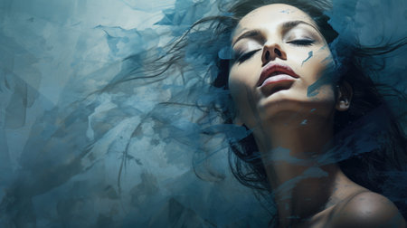 Artistic portrayal of a woman immersed in a blue watercolor effectの素材
