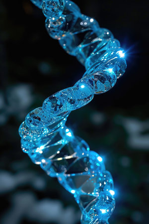 A close-up of a DNA double helix structure illuminated with blue lightの素材