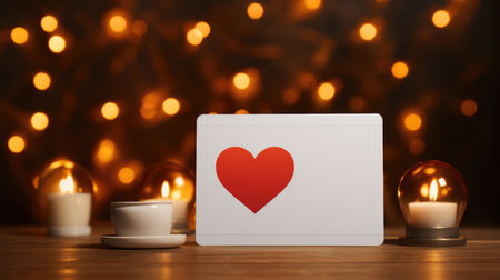 A card with a red heart displayed with lit candles and warm bokeh lightsの素材