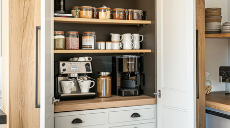A neatly organized modern kitchen pantry with coffee machine and jarsの素材