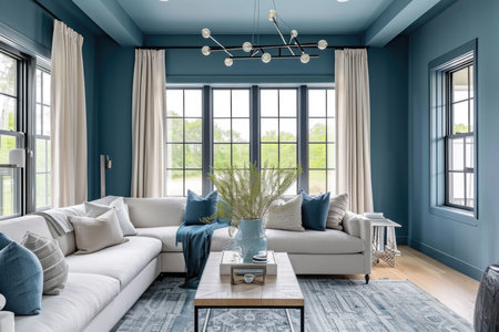 Cozy and stylish living room with blue walls and modern decorの素材
