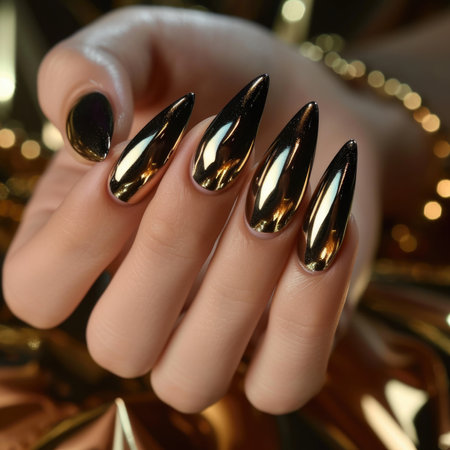Hand displaying long stiletto nails with a luxurious golden chrome finishの素材