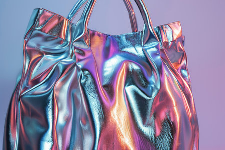 Close-up of a shiny holographic handbag with a metallic sheenの素材