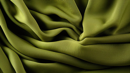 Olive green smooth fabric texture with elegant draping. Macro shot for textile and fashion design. Versatility and natural tones conceptの素材