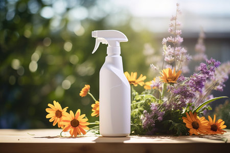 White spray bottle with fresh flowers on a sunny dayの素材