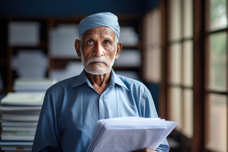 Elderly man with a turban reviewing documents. Education and knowledge concept. Design for cultural diversity, senior learning, educational posterの素材