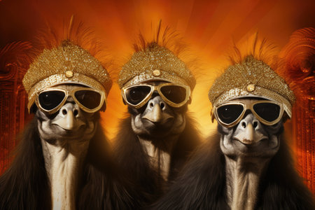 Three ostriches dressed in sparkling headgear and aviator goggles against an orange backdropの素材