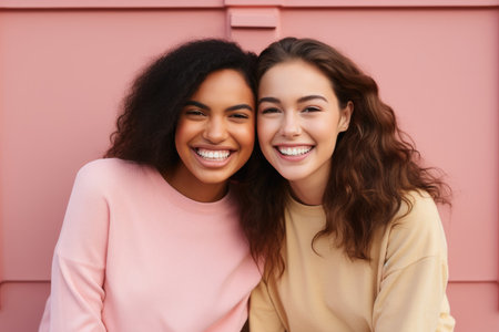 Two happy young women embracing in front of a pink wall. Friendship and happiness conceptの素材