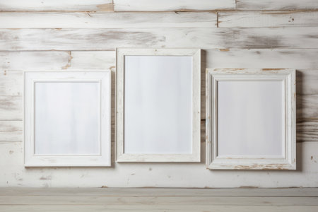 Three empty picture frames on a rustic wooden wall backgroundの素材