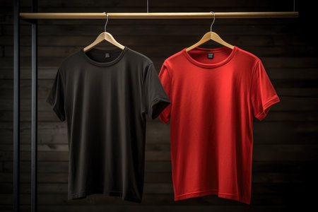 A black and a red t-shirt displayed on wooden hangers against a dark wood backdropの素材