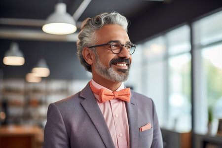 Cheerful mature man in a suit with a bow tie, indoors, looking awayの素材