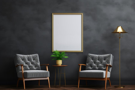Contemporary room with two gray armchairs, a plant, and a blank frame on a dark wall, ideal for mockupの素材