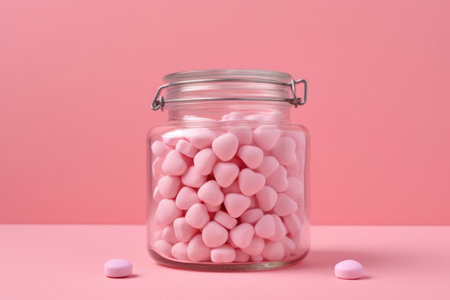 Pink candy hearts filled in a transparent jar on a pink backgroundの素材