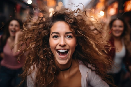 Vibrant young woman with curly hair laughing in an urban settingの素材