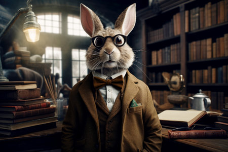 Anthropomorphic rabbit scholar in library. Digital art character. Intellectual animal conceptの素材