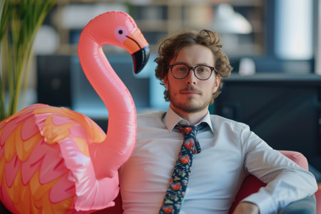 Businessman with inflatable flamingo in modern office. Quirky and fun corporate culture conceptの素材