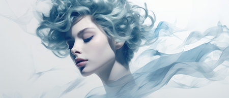 Ethereal Woman with Flowing Blue Hair in Dreamlike Ambianceの素材