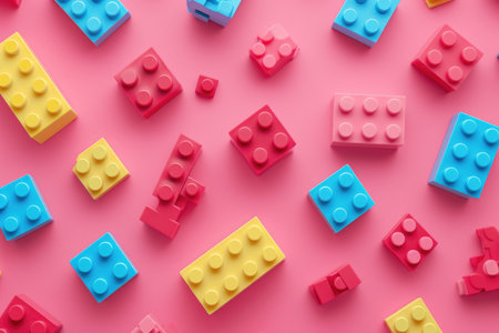 Colorful plastic building blocks on a pink background. Children's creativity and education concept. Design for toy packaging, kids' activities poster, educational materialsの素材