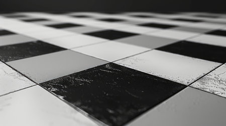 Close-up of Black and White Checkerboard Tiles with Textured Surfaceの素材