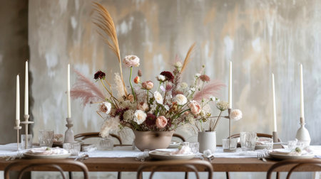 A beautifully arranged floral centerpiece on a set dining tableの素材