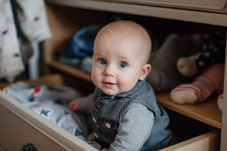 Adorable baby boy in a denim jumper sitting in a drawer. Home lifestyle and childhood concept with space for textの素材