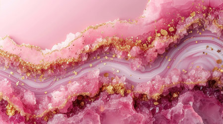 Macro shot of pink agate crystal with gold leaf inclusions. Geology and luxury concept for design and printの素材