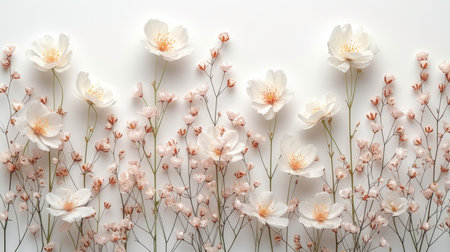 Elegant flatlay of white flowers and delicate pink blossomsの素材