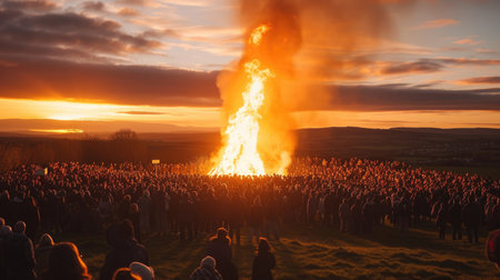 Large group of people gathered around a towering bonfire at dusk. Walpurgis Night Bonfireの素材