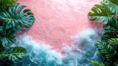Vibrant tropical leaves frame the foamy waves of a turquoise sea against a pink backdropの素材