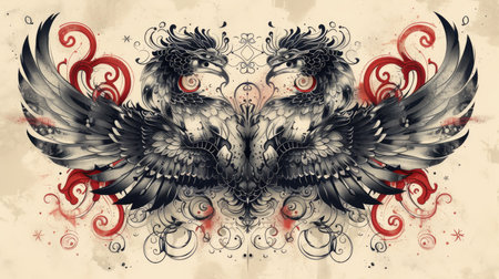 Artistic eagle pair with symmetrical design and red flourishesの素材
