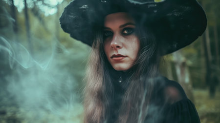 A young witch with a captivating stare in the forest. Walpurgis Night Bonfireの素材