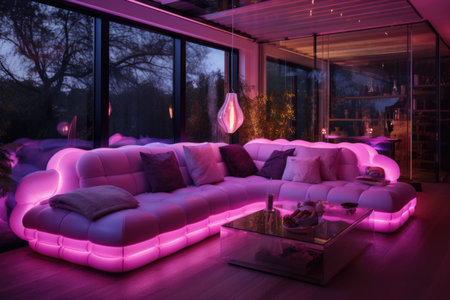 High-end lounge area highlighted by pink neon underglow and panoramic viewsの素材