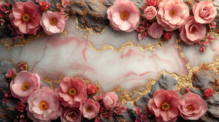 Floral composition with pink flowers on marble texture. Wedding and elegance concept for invitation and banner designの素材