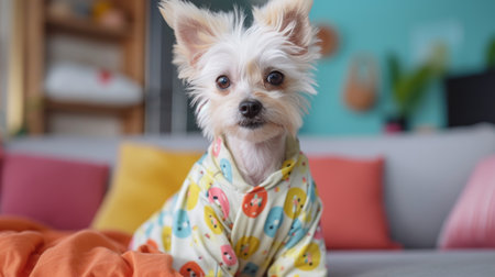 Yorkshire Terrier puppy in a fruit-patterned hoodieの素材