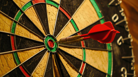 Close-up of a red dart hitting the bullseye on a well-used dartboardの素材