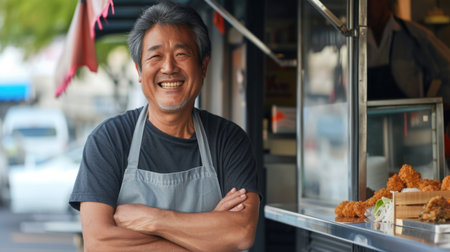 Smiling middle-aged male street food vendor standing in front of his food stall. Casual portrait with blurred street background. Small business and urban lifestyle conceptの素材