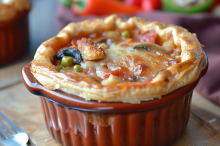 Chicago-style deep dish pizza with gooey cheese pull, garnished with parsley, on a rustic wooden boardの素材