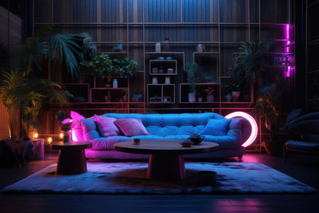 Moody living room with neon lighting and lush indoor plantsの素材