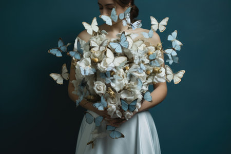 Woman with artistic bouquet and butterflies. Creative floral design concept with copy spaceの素材