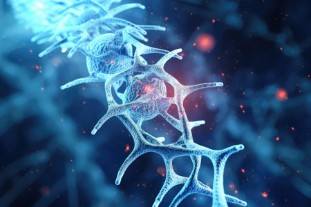 3D illustration of neurons engaged in synaptic transmission against a blue backdropの素材