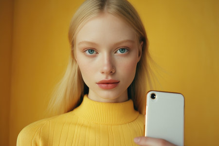 A poised young woman with striking blue eyes holds a smartphone, her expression serene against a yellow backdropの素材