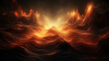 Digital art depicting a fiery abstract landscape with dynamic wavesの素材